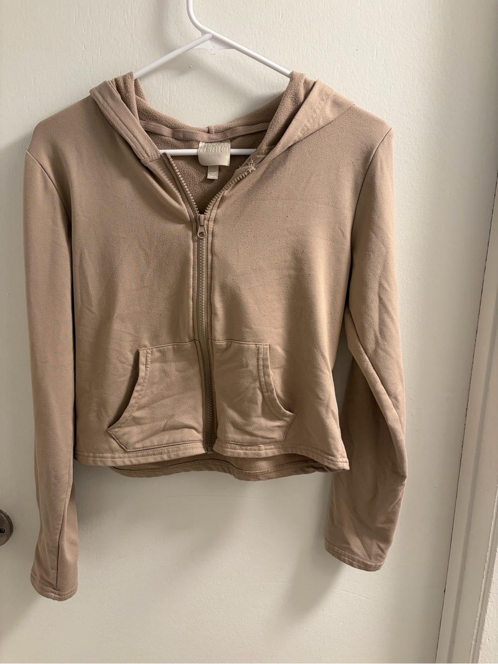 Rebel Heart Beige Full Zip Cropped Fleece Hoodie Jacket Size Large